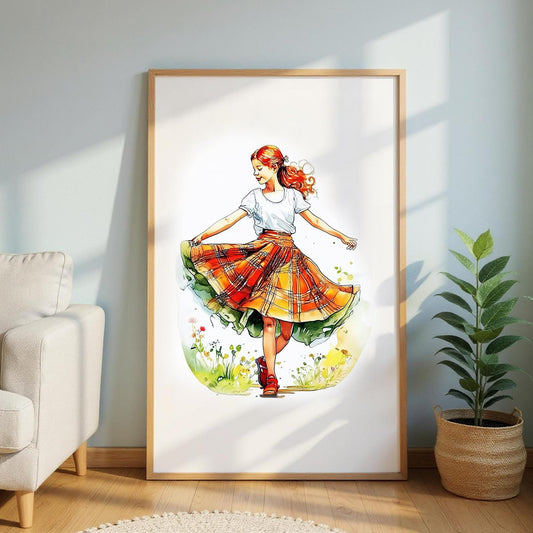a framed illustration of a woman in a colorful skirt, surrounded by a lush green garden.