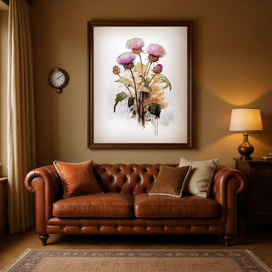 a large framed painting of pink flowers hanging on a wall above a brown leather sofa with two pillows.