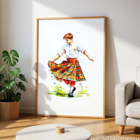 a framed painting of a person in a kilt, dancing in a field with flowers.