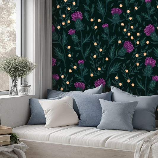 Thistle Wall Mural, Green Floral Wallpaper, Self Adhesive Canvas, Botanical Wall Decal, Durable Surface Decor, Removable