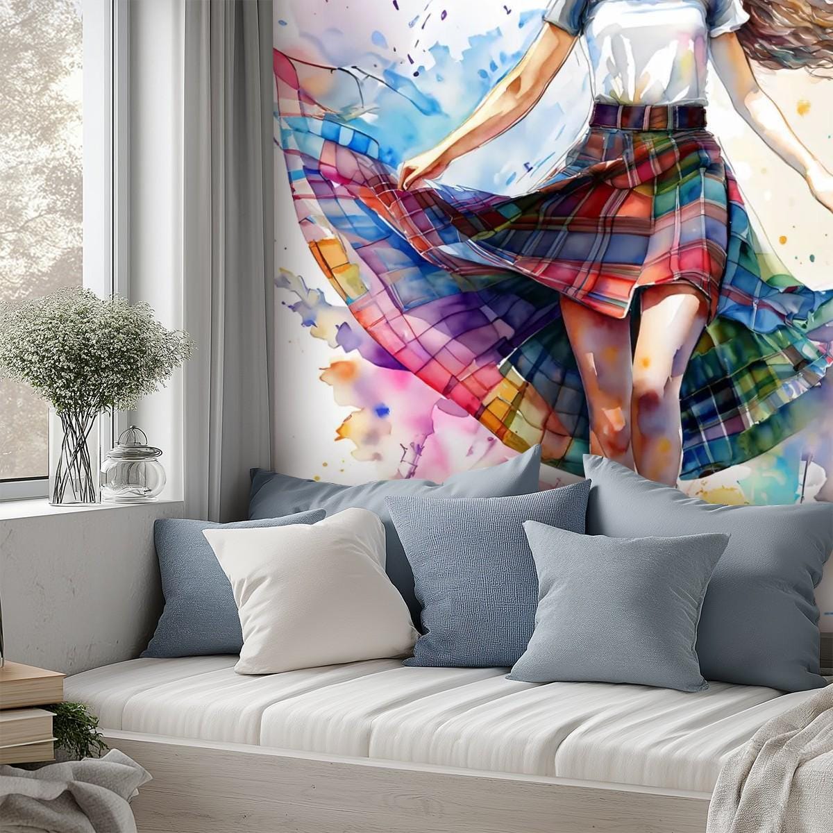 Canvas Wallpaper Mural Watercolor Plaid Skirt - Tartan Skirt - Self Adhesive Canvas Wallpaper