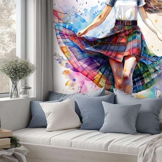 Canvas Wallpaper Mural Watercolor Plaid Skirt - Tartan Skirt - Self Adhesive Canvas Wallpaper
