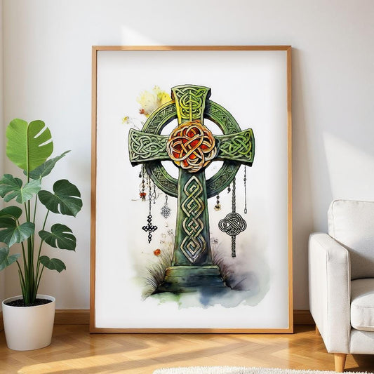 a large framed print of a Celtic cross with intricate designs and patterns, including a red circle at the center. The print is displayed on a wall in a living room setting, with a potted plant and a white couch visible in the background.