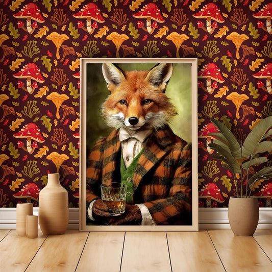 Victorian Red Fox Art Print – Fox Head on Human Body Drinking Whiskey – UK Heritage