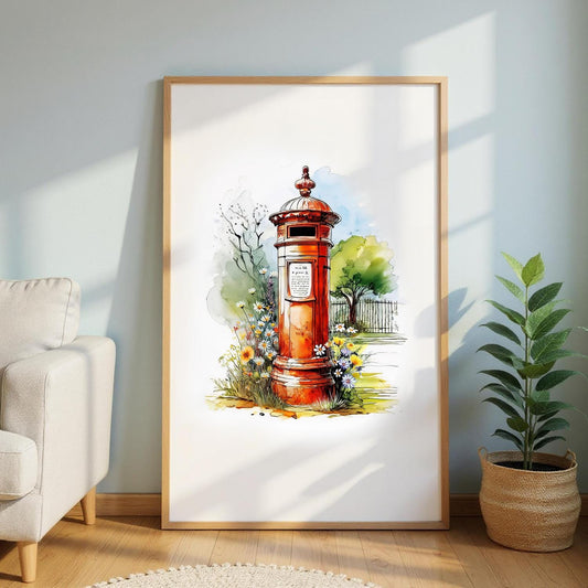a large framed painting of a red post box surrounded by flowers and greenery, set against a serene garden scene.