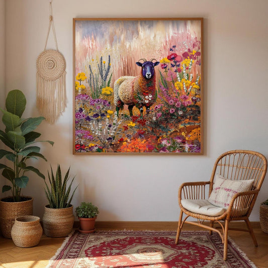 a large, colorful painting of a sheep in a field of flowers hanging on a wall. The painting is surrounded by various potted plants and a woven chair, creating a cozy and vibrant atmosphere.