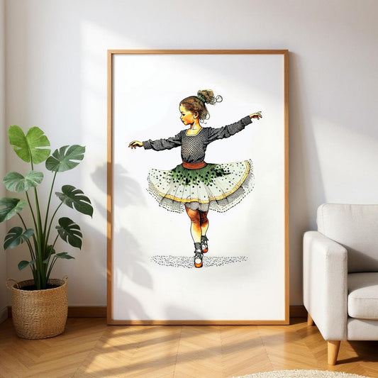 a framed illustration of a young girl in a tutu performing a ballet pose.