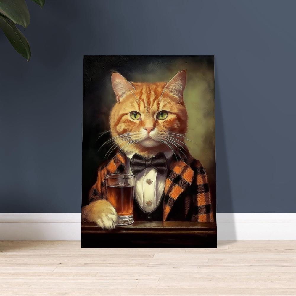 Victorian Ginger Cat in a Tartan Suit Drinking Whiskey - Cat&#39;s head on a Human Body - Art Print