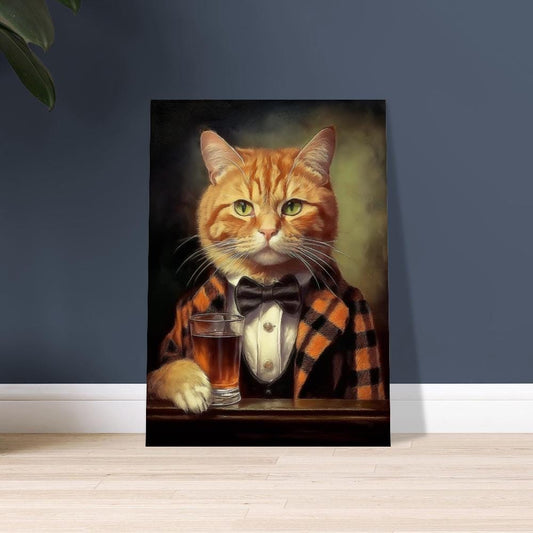 Victorian Ginger Cat in a Tartan Suit Drinking Whiskey - Cat&#39;s head on a Human Body - Art Print