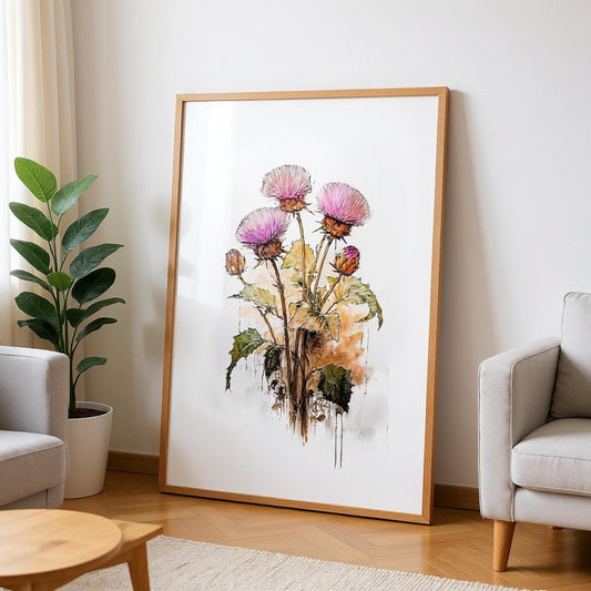 a large framed painting of a bouquet of pink flowers on a white background, placed in a living room setting with a couch and a potted plant nearby.