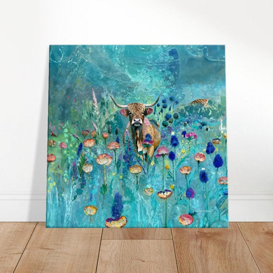 Canvas Cute Hairy Cow - Turqoise |  Enchanting highland cow canvas