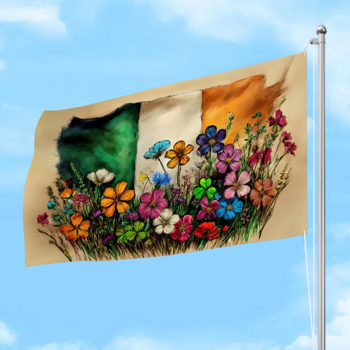 XL Heavy-duty, Handdrawn Irish Flag Design, Three-Layer Outdoor Flag of Ireland. Double Sided. 96"x60"/ 244x152 cm | Raise the Colours