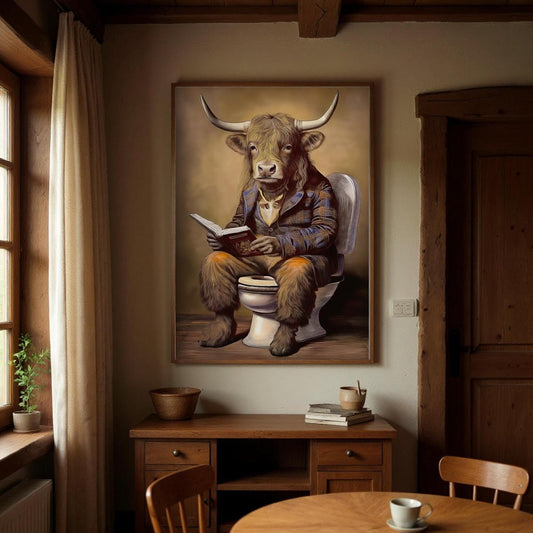 a large painting of a bull wearing a suit and tie, sitting on a toilet and reading a book.