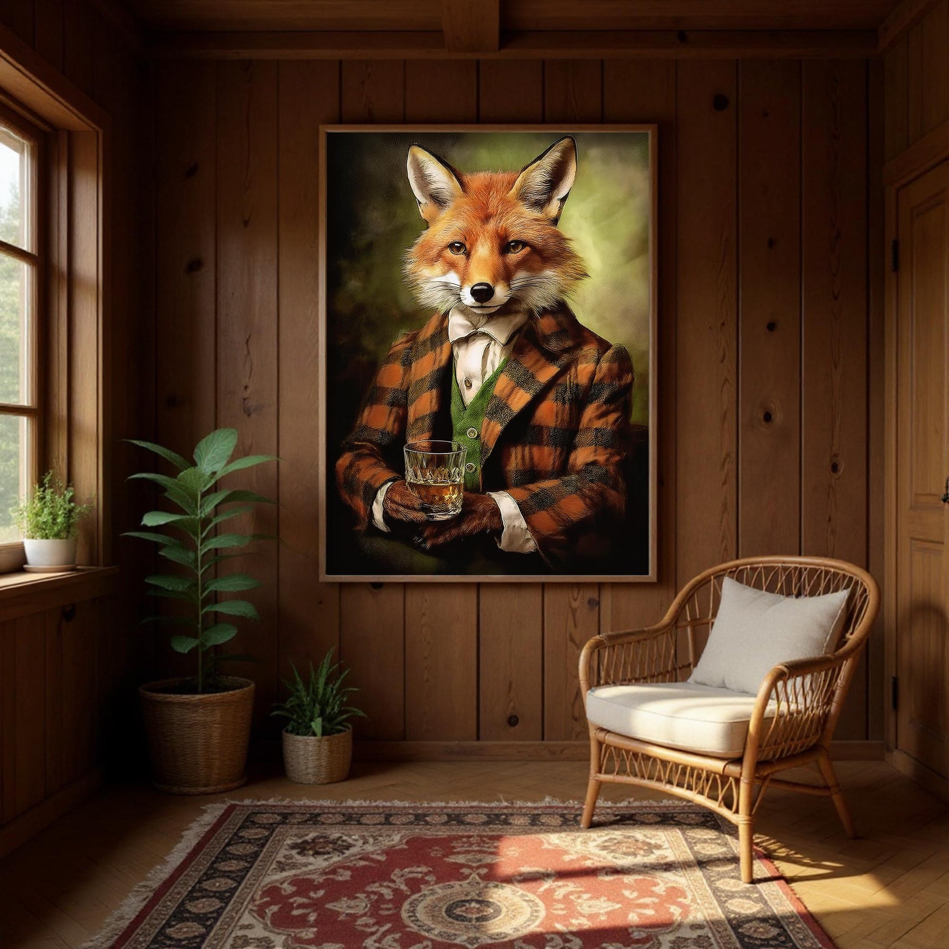 a fox wearing a plaid suit and holding a glass of wine, with a wooden wall and a wicker chair in the background.