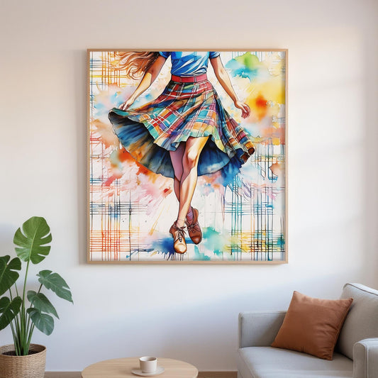 a vibrant, colorful painting of a woman in a flowing skirt, with splashes of color and abstract patterns surrounding her.