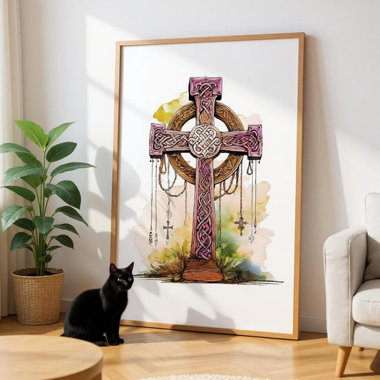 Framed Celtic Knot Art Print, British Home Decor, Pink Cross Design, UK Heritage Wall Art, Celtic Inspired Decoration, Unique Gift