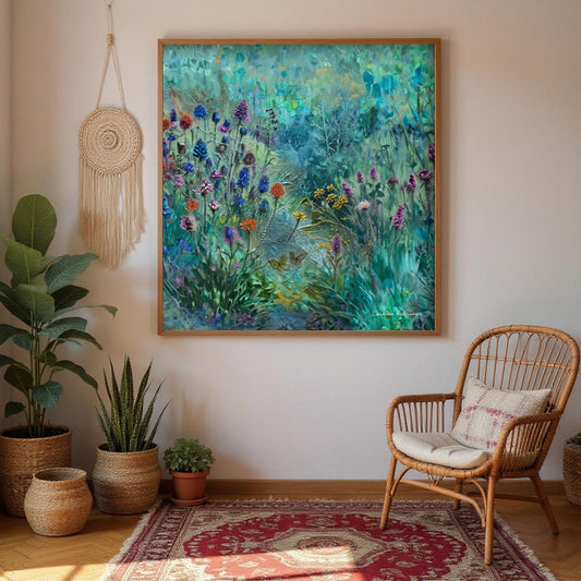 a large, vibrant painting of a lush garden scene hanging on a wall, with a woven chair and potted plants in the foreground.