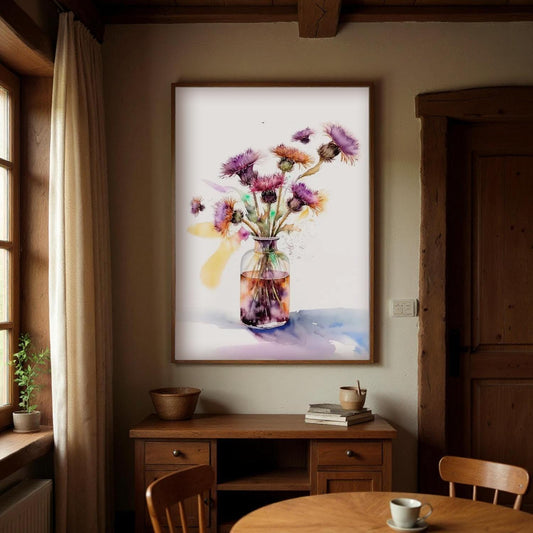 a large framed painting of a vase filled with colorful flowers hanging on a wall in a cozy, rustic-style room.