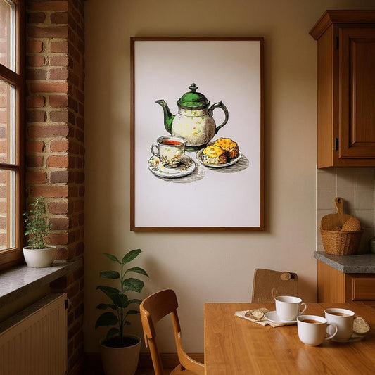 a cozy kitchen scene with a wooden table, chairs, and a framed illustration of a teapot and tea set on the wall.