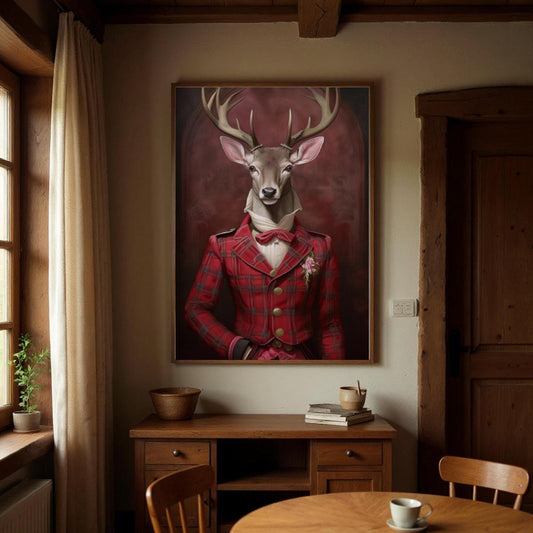a large framed painting of a deer wearing a red plaid jacket and a bow tie, standing in a room with wooden furniture and a window.