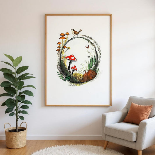 a framed artwork depicting a whimsical scene with mushrooms, a bird, and a plant, hanging on a white wall next to a gray armchair.