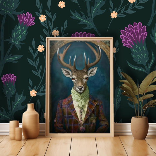 Art Print Victorian Stag Head Fine Art Print - Stag wearing a Tartan Suit, Giclée Poster - Unique Home Decor - UK Heritage Art, British Art