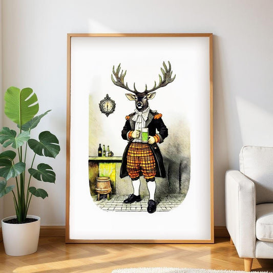a framed illustration of a deer wearing a suit and holding a cup, standing in a room with a clock and a plant.
