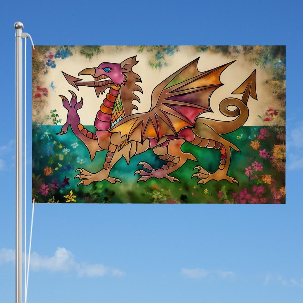 XL Heavy-duty, Handdrawn Welsh Flag Design, Three-Layer Outdoor Flag of Wales. Double Sided. 96"x60"/ 244x152 cm | Dragon Y Ddraig Goch