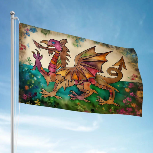 XL Heavy-duty, Handdrawn Welsh Flag Design, Three-Layer Outdoor Flag of Wales. Double Sided. 96"x60"/ 244x152 cm | Dragon Y Ddraig Goch
