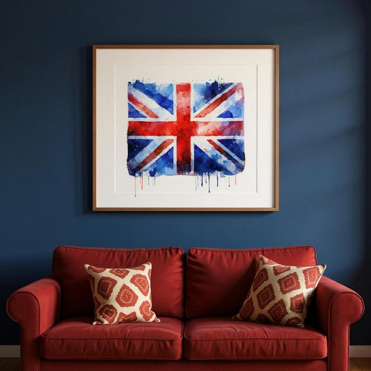 a red sofa with patterned throw pillows, and above it is a framed picture of the Union Jack, the national flag of the United Kingdom.