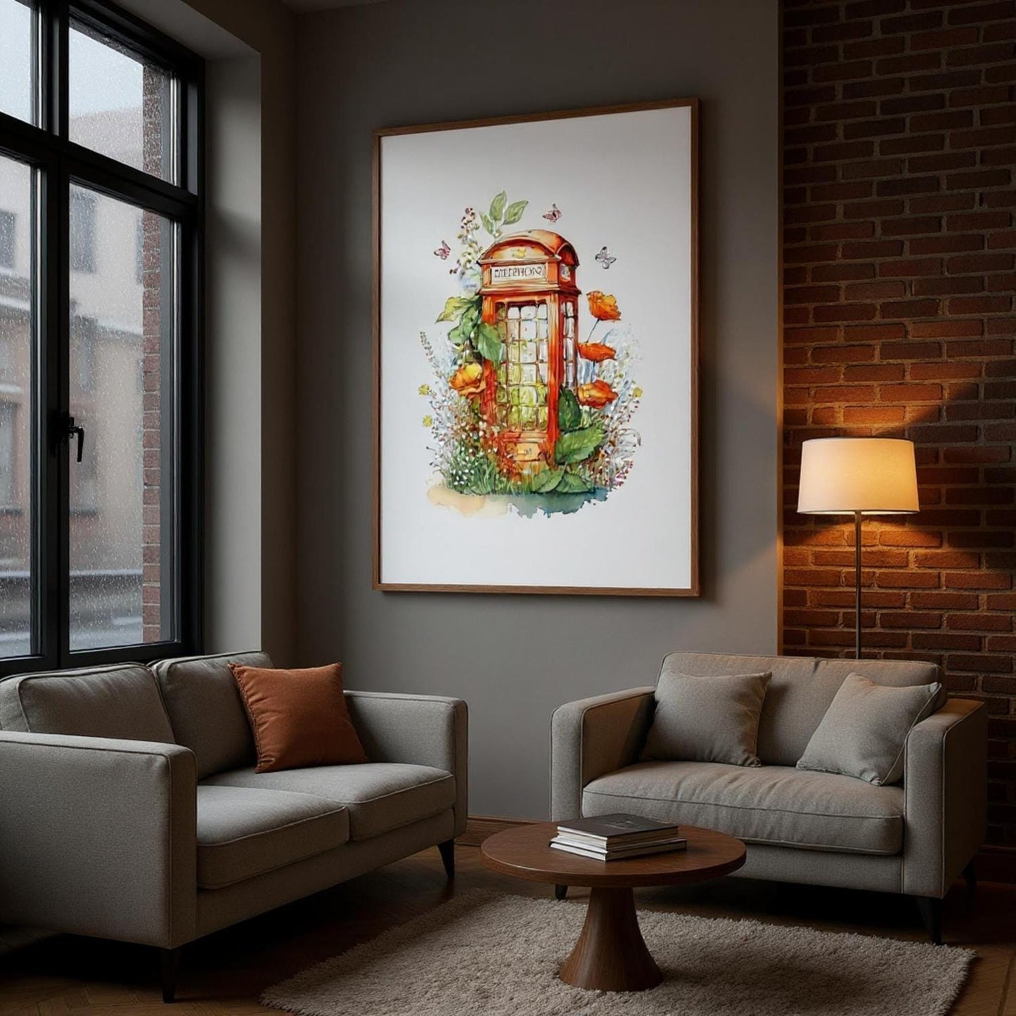 a cozy living room with a large window, a framed painting of a telephone booth, and two couches arranged around a coffee table.