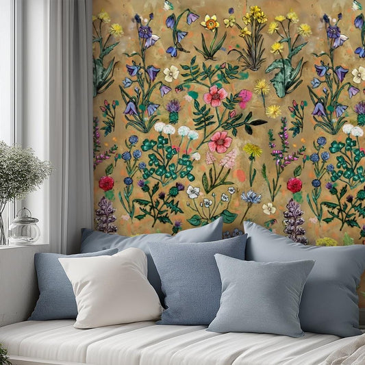 a cozy living room with a large wall mural depicting a vibrant array of colorful flowers and plants. The room is furnished with a white sofa adorned with blue and gray throw pillows, and a window with a white curtain. A vase of flowers is placed on the windowsill, adding a touch of nature to the space.