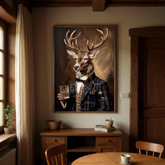 a deer wearing a suit and tie, holding a glass of wine, and standing in a room with a wooden table and chairs.