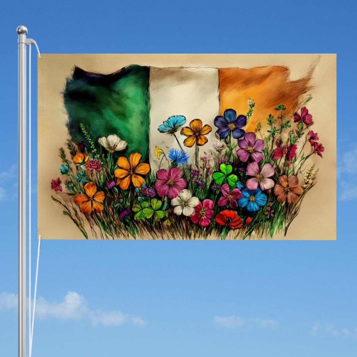 XL Heavy-duty, Handdrawn Irish Flag Design, Three-Layer Outdoor Flag of Ireland. Double Sided. 96"x60"/ 244x152 cm | Raise the Colours