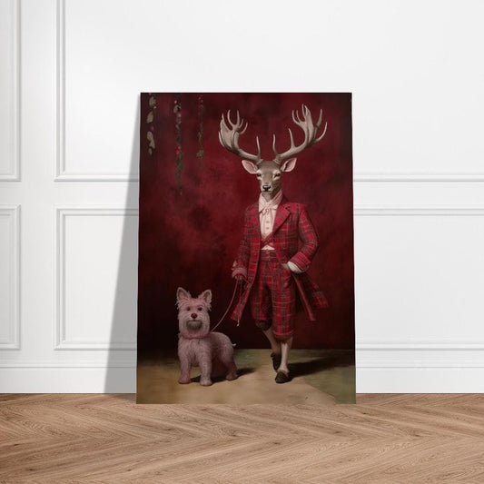 Victorian Stag in a Tartan Suit & Terrier Dog Art Print - Giclée Fine Art Poster | Stag&#39;s head on a human body