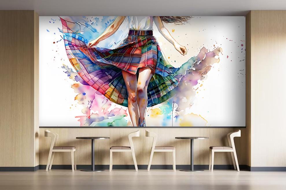 Canvas Wallpaper Mural Watercolor Plaid Skirt - Tartan Skirt - Self Adhesive Canvas Wallpaper