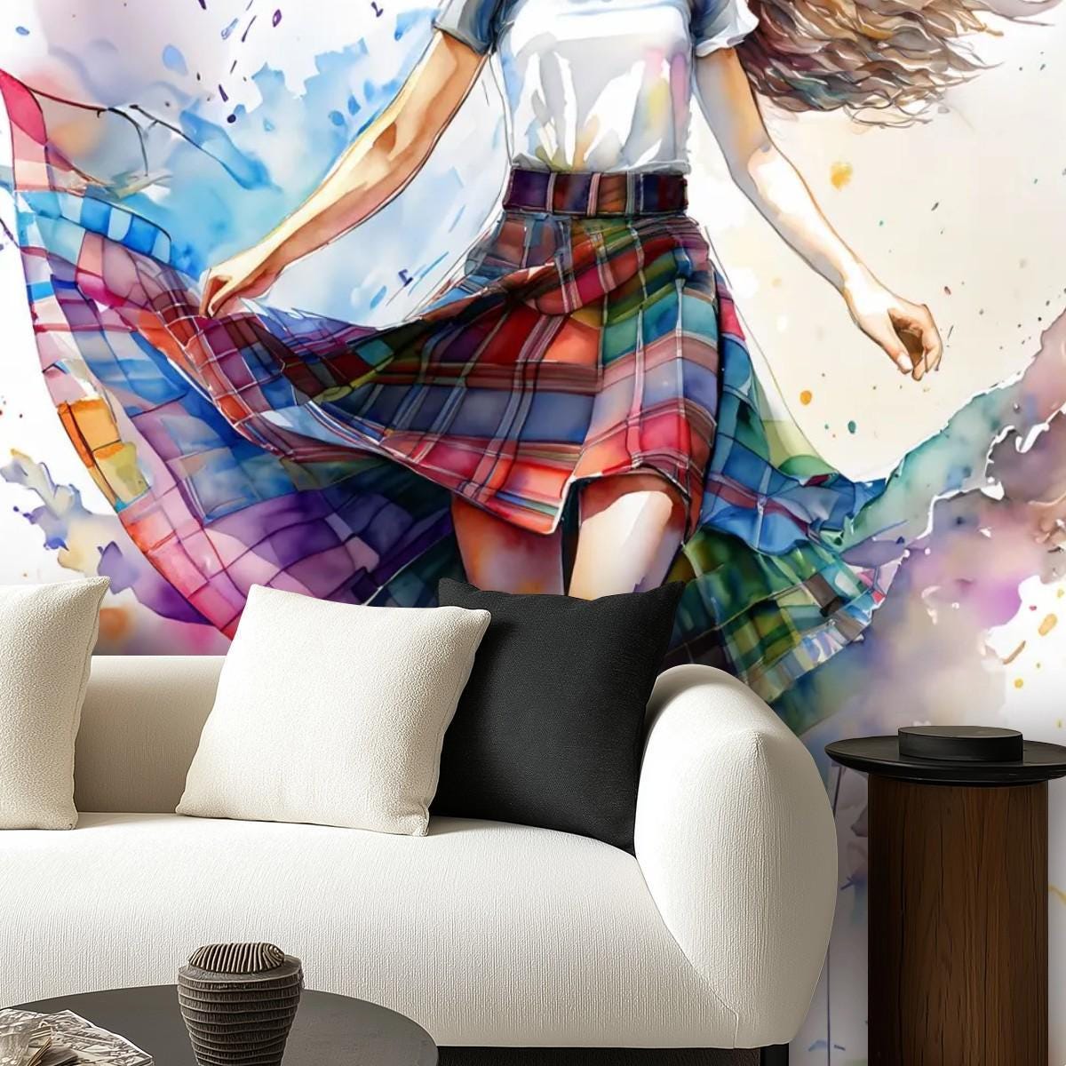Canvas Wallpaper Mural Watercolor Plaid Skirt - Tartan Skirt - Self Adhesive Canvas Wallpaper