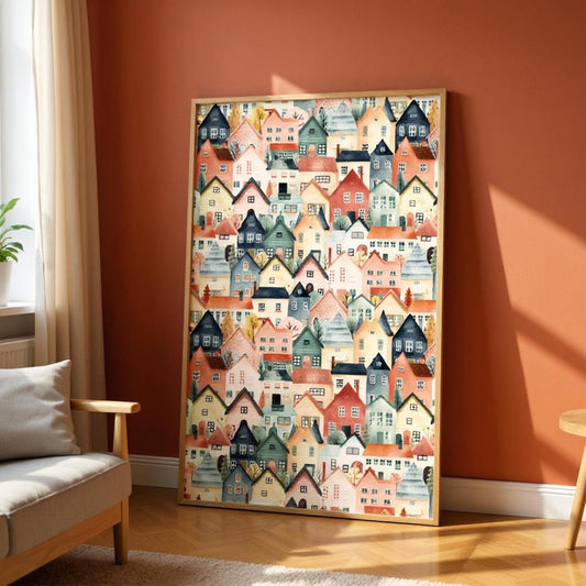 a large, colorful painting of a village or town, with various colored houses and buildings arranged in a pattern. The painting is displayed on a wall in a room with a couch and a window, creating a cozy and inviting atmosphere.