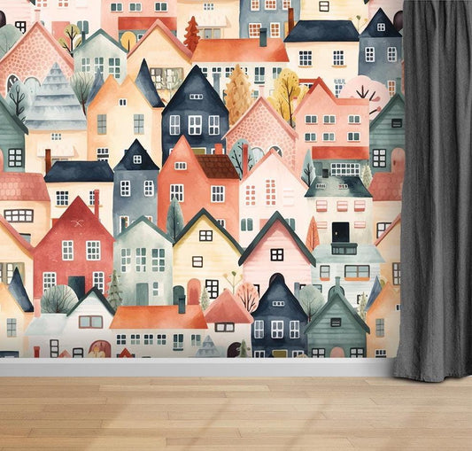 a wallpapered wall with a variety of colorful houses and buildings, creating a whimsical and charming scene.
