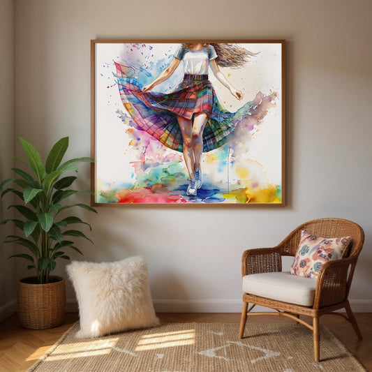 a vibrant, colorful painting of a woman in a flowing skirt, with splashes of color and a lively, dynamic pose. The painting is hung on a wall above a wicker chair and a fluffy white pillow, creating a cozy and inviting atmosphere in the room.
