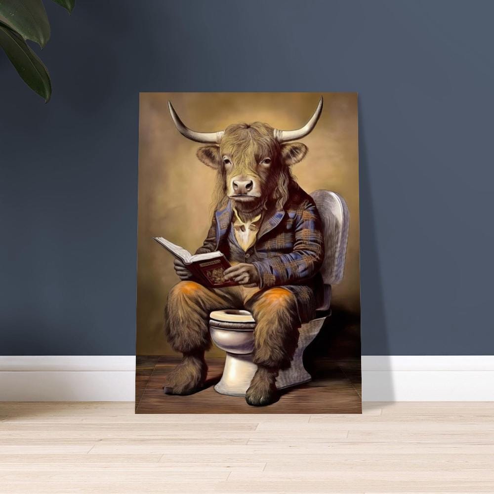 Victorian Cow Bathroom Art - Funny Highlander Cow on Toilet - Fine Art Print